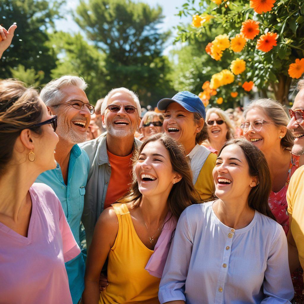 A vibrant scene of a diverse group of people joyfully engaging in a community gathering outdoors, surrounded by colorful banners that emphasize themes of happiness and emotional well-being. Include elements like laughter, shared moments, and nature, with bright flowers and sunshine to create an uplifting atmosphere. Capture expressions of joy and connection among the participants. super-realistic. vibrant colors. outdoor setting.