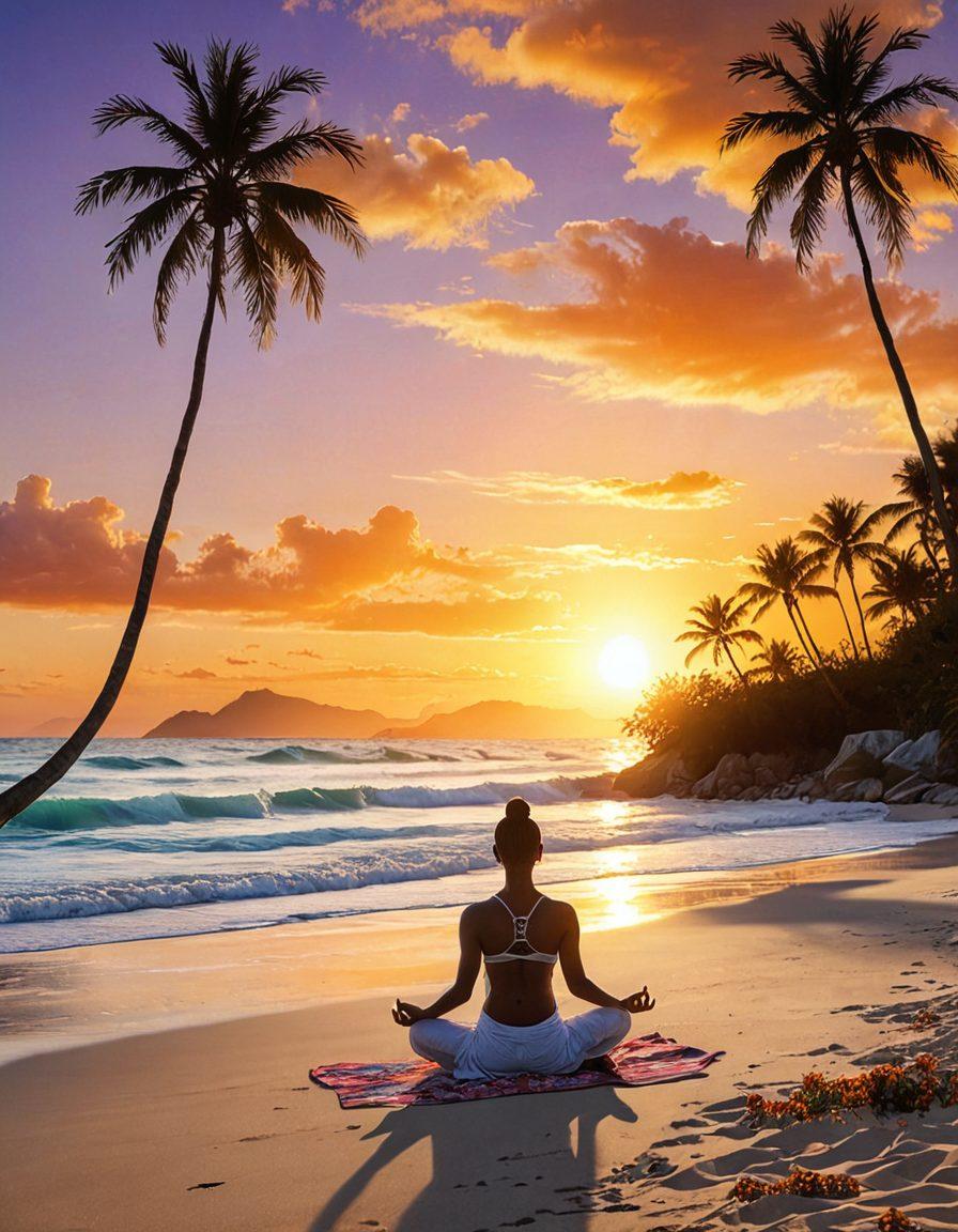 A serene landscape featuring a person meditating on a calm beach at sunrise, surrounded by soft waves and gentle palm trees. Include symbols of positive psychology such as a glowing heart, blooming flowers, and a radiant sun in the background, symbolizing transformation and self-care. Emphasize tranquility and blissful energy. vibrant colors. super-realistic.