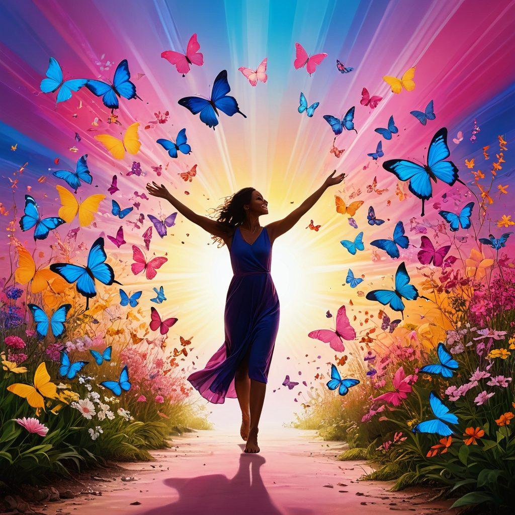 A joyful person surrounded by vibrant colors, symbolizing happiness and transformation, with a burst of light illuminating their path. Include visual elements like butterflies and blooming flowers to represent growth and euphoria. The background should feature abstract patterns that evoke a sense of positivity and energy. super-realistic. vibrant colors. uplifting atmosphere.